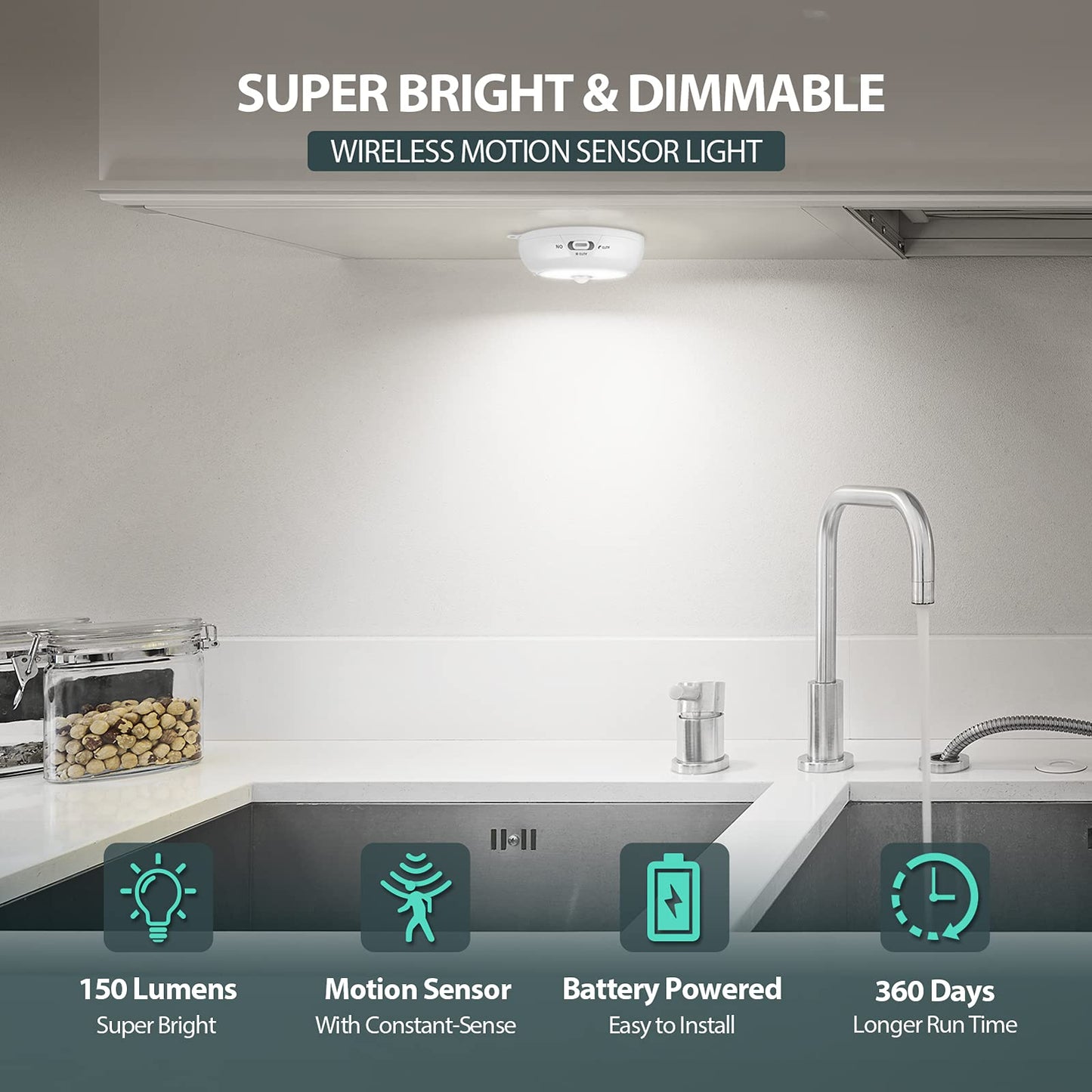 Motion Sensor Light Indoor, LED Night Light Closet Lights, Under Cabinet Lights, AA Battery Operated Stick on Wireless Puck Lights for Wall, Step, Stair, Dimmable (3 Pack)