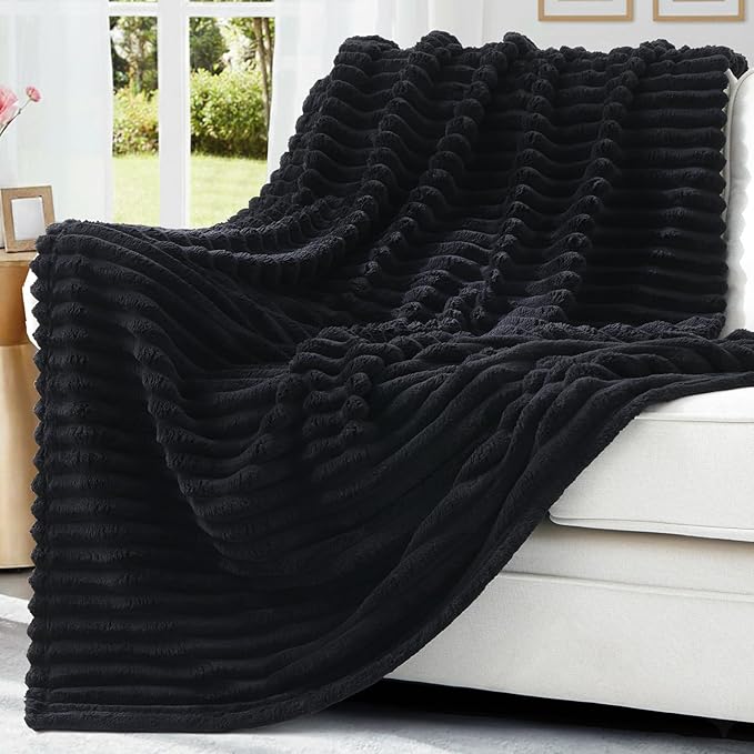 decorUhome Soft Fleece Black Blanket Queen Size for Bed, Cozy Fluffy Plush Flannel Large Striped Throws for Couch Sofa, Lightweight Decorative Fuzzy Blanket for Woman, 90x90 Inches