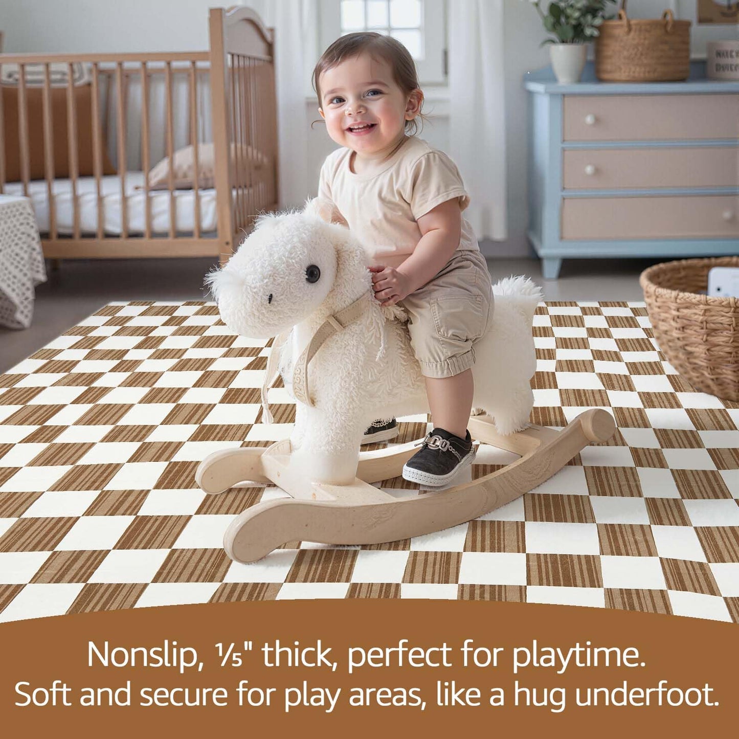 jinchan 5x7 Brown Checkered Area Rugs for Kids Room - Machine Washable Rug Modern Neutral Geometric Lattice Soft Non-Slip Carpet for Nursery Playroom Classroom Living Room Bedroom Home Office