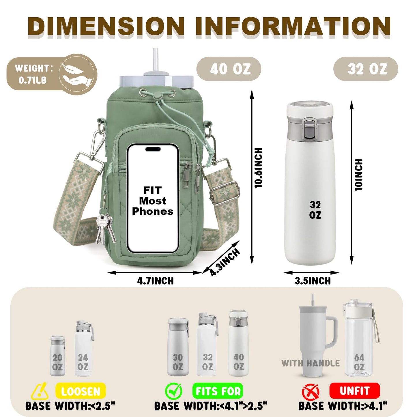 LLParty Water Bottle Holder with Strap, 32oz 40oz Insulated Water Bottle Carrier Bag, Purse Crossbody Sling Bag with Phone Pocket for Walking Hiking, Sage Green