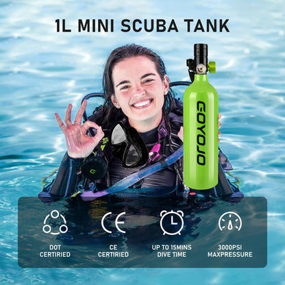 GOYOJO 1L Mini Scuba Tank with Mask – DOT Certified Portable Diving Air Tank, 3000 PSI Max Pressure, Pony Bottle Underwater Breathing Device for Snorkeling & Scuba Diving (Green)