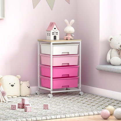 SYKIARIOL Utility-Rolling-Craft-Storage-Cart-Organizer with 4 Drawers and Wooden Tabletop, 4 Tier Drawer Cart for Home Office, Kid Room, Classroom Teacher, Dorm, Pink