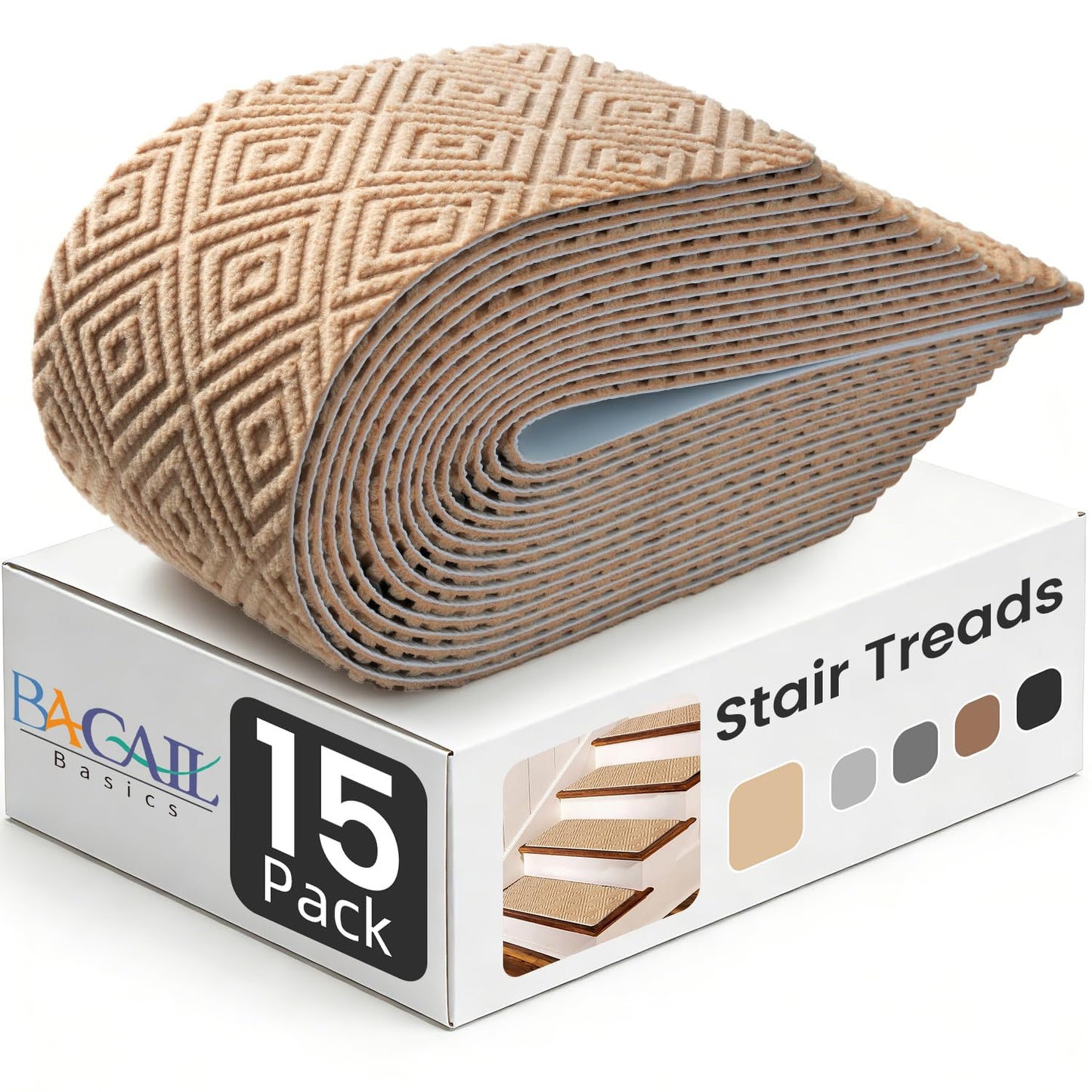 BAGAIL 15 Pack Non-Slip Stair Treads for Wooden Steps, 8"x30" Peel and Stick Carpet Stair Runners, Machine Washable Indoor Step Covers with No-Residue Adhesive for Dogs, Kids & Elderly - Beige