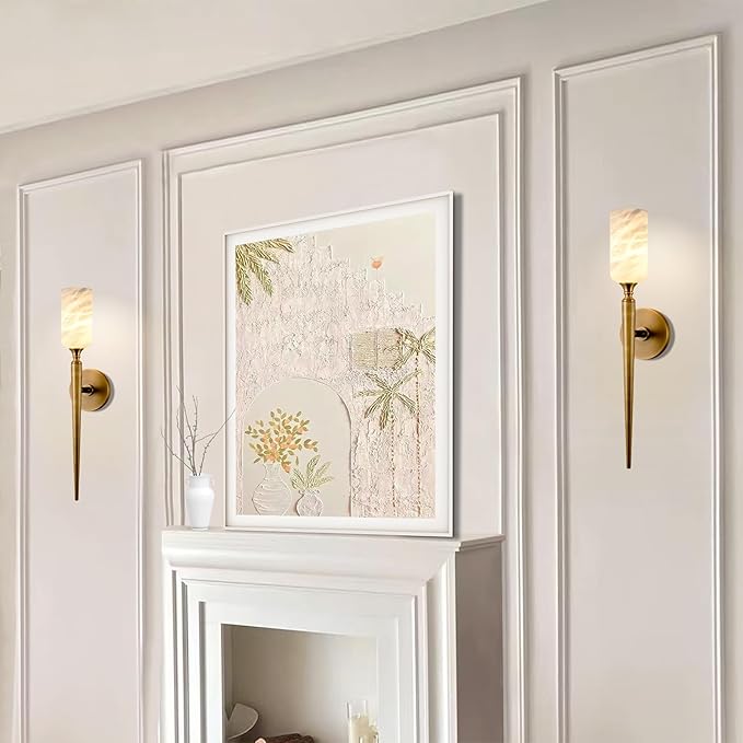 Alabaster Wall Sconce Set of 2, 22in Modern Brass Spanish Natural Marble Bathroom Vanity Sconces, Indoor Gold Wall Lighting Fixtures Decor for Bedroom Living Room Staircases