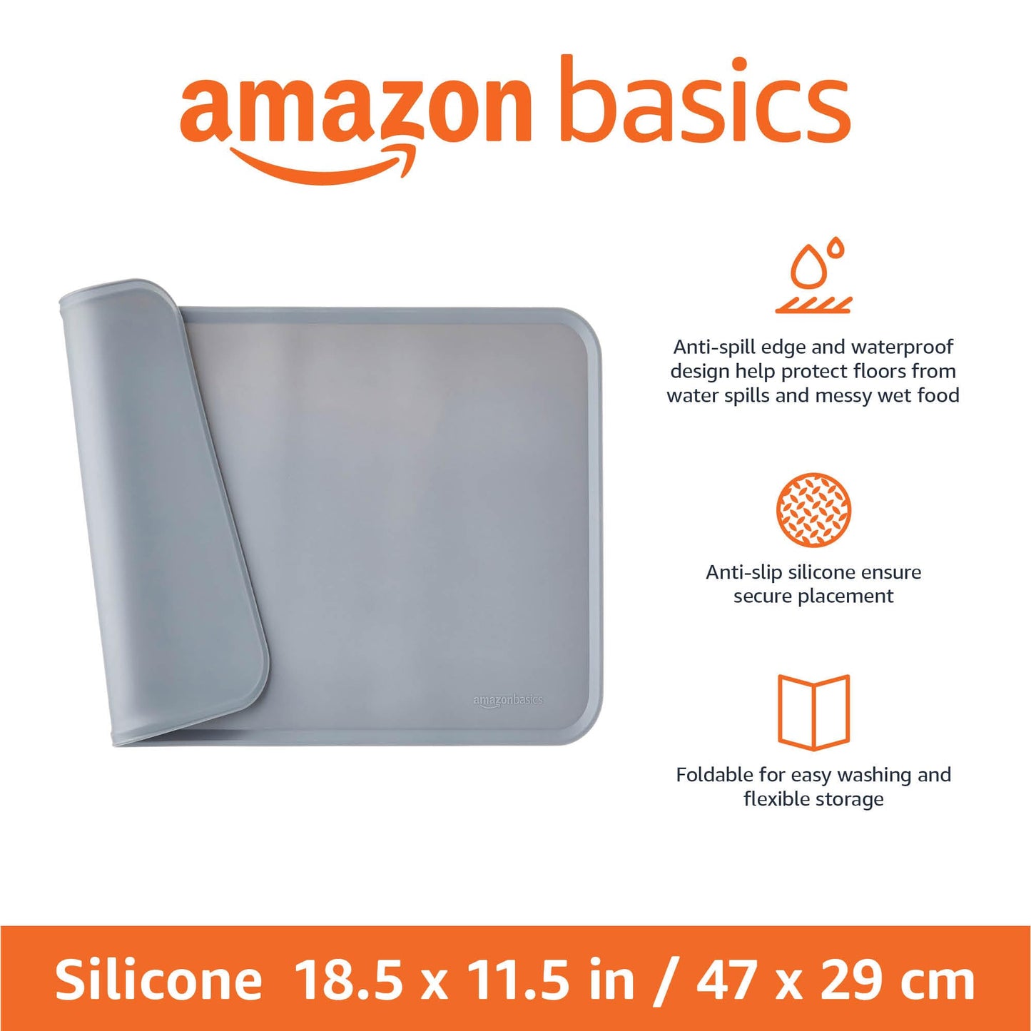 Amazon Basics Waterproof Non-Slip Silicone Pet Feeding Mat with Raised Edges, Prevents Spills, Easy to Clean, Protects Floors for Cat & Dog Food and Water Bowls, 18.5 x 11.5 Inches, Gray