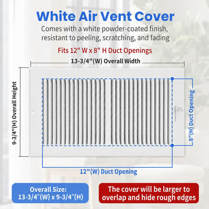 12 x 8 Inch [Duct Opening] Air Vent Covers for Wall or Ceiling - High Airflow 2 Way Steel Ventilation - Adjustable Wall/Ceiling Register, 13-3/4 Inch x 9-3/4 Inch [Overall Dimensions]