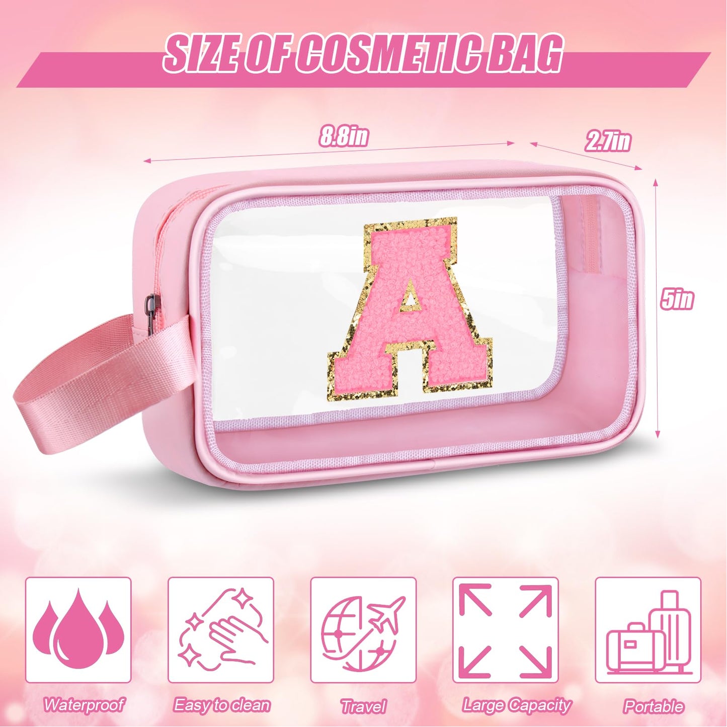 Vodolo Initial Makeup Bag,Letter A Cute Clear Monogrammed Cosmetic Travel Bag for Womens Girls,Personalized Pink Aesthetic Traveling Make Up Organizer Bag for Beach,Waterproof Toiletry Bag
