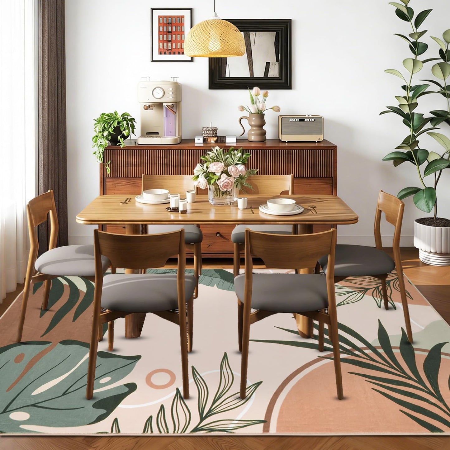 Instellar 5x7 Washable Area Rug for Living Room–Low Pile Non Slip Green Botanical Leaf Carpet for Bedrooms Kitchen Dining Room and Kids' Room,Pink
