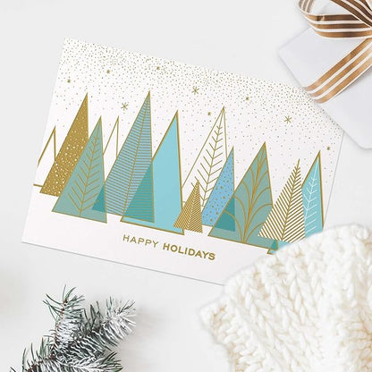 Masterpiece Contemporary Trees Gold Foil Holiday Cards / 15 Boxed Modern Christmas Cards With Shiny Foil Lined Envelopes / 5 5/8" x 7 7/8" Folded Winter Greeting Cards With Inside Verse