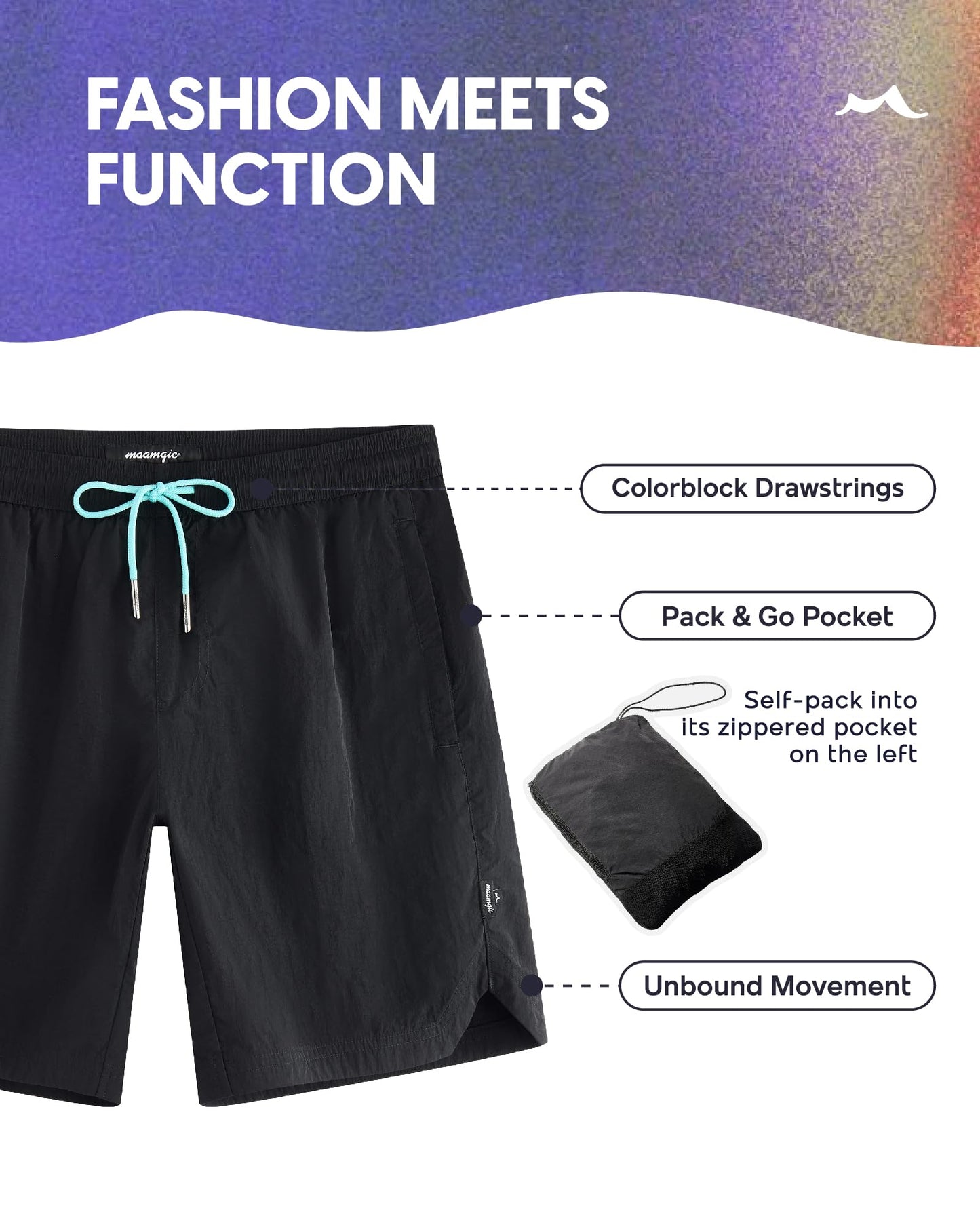 maamgic Mens 7" Packable Swim Trunks Zipper Pocket Swimsuit Metallic Sheen
