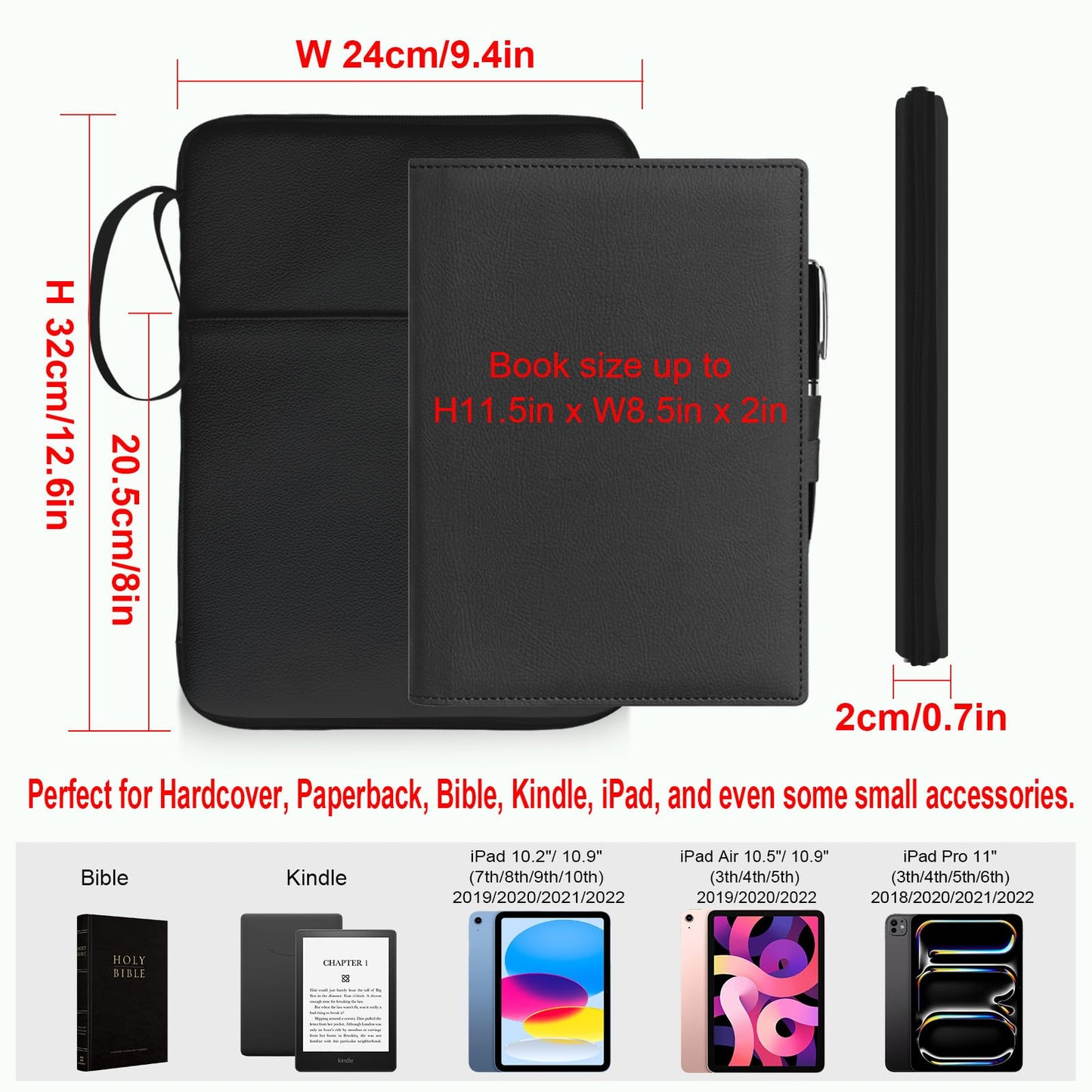 QRZIQRZ Black Book Sleeve Kindle Pouch, Book Protector Case with Zipper, PU Leather Waterproof Book Cover Bag, Portable Book Pouch for Book Lovers Gifts Paperbacks Bibles Hardcover