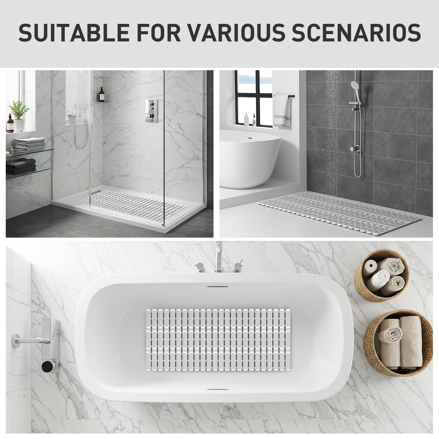 XIYUNTE Shower Mat Non Slip Bath Mat for Tub - 36 x 16 Inch Bathtub Mat Non Slip Shower Mat for Inside Shower, TPE Bath Mat with Powerful Suction Cup, Easy to Cut Bath Tub Mat, Grey