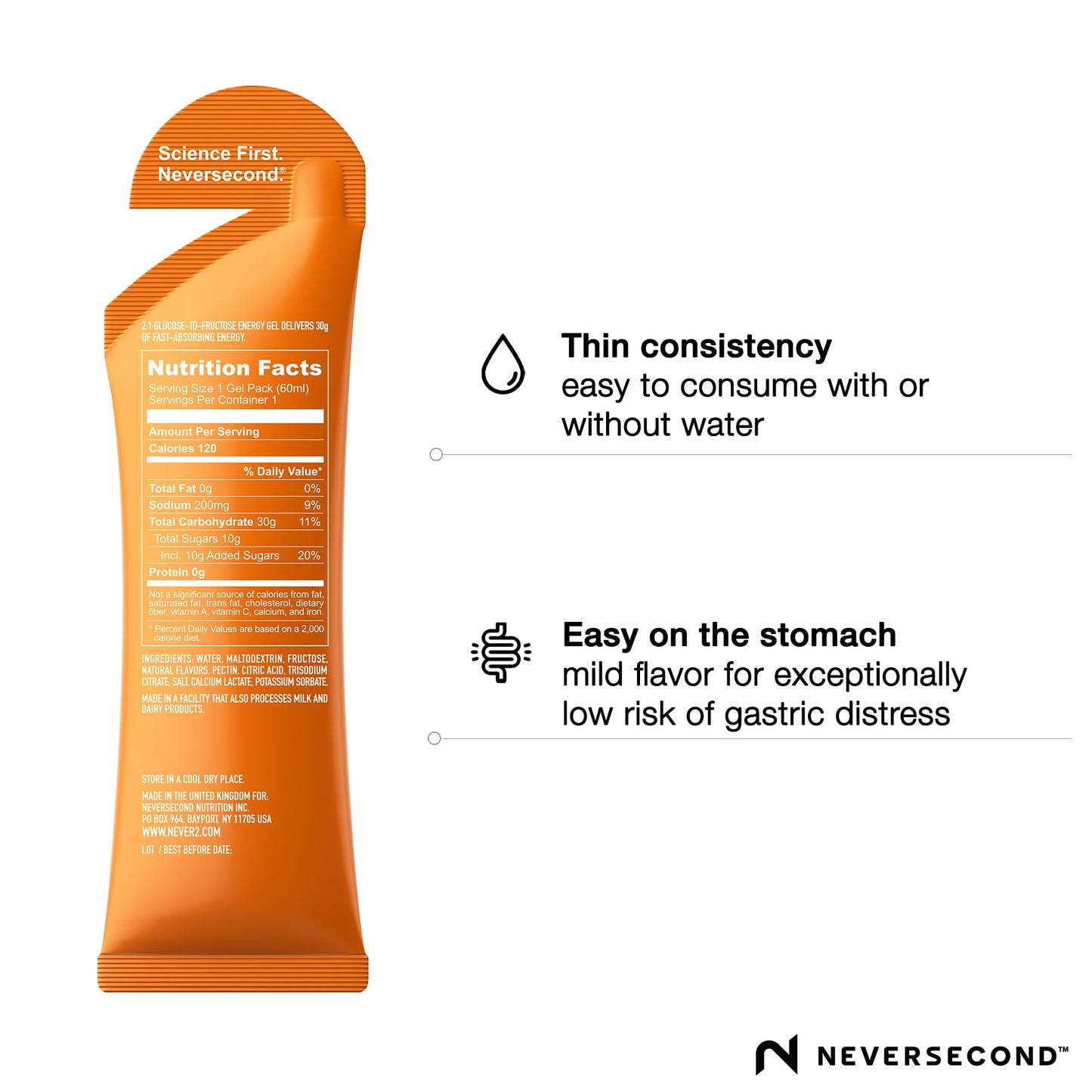 Neversecond C30 Energy Gel, Performance Nutrition & Hydration, Never2 Energy Gel for Triathlons, Cycling & Marathons (Orange Flavor, 12-Count Pack)