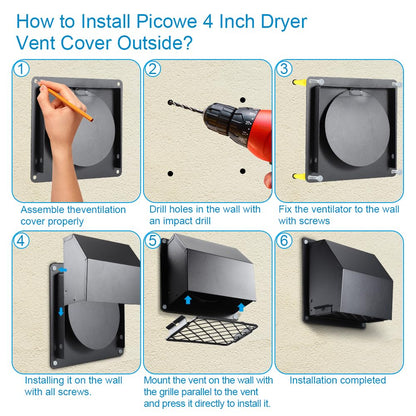 Picowe 4 Inch Dryer Vent Cover Outside, Metal Wall Vent Cover with Removable Lid & Noise-Reducing Sponge Gasket, for Dryer, Bathroom, Kitchen, Garage Exhaust