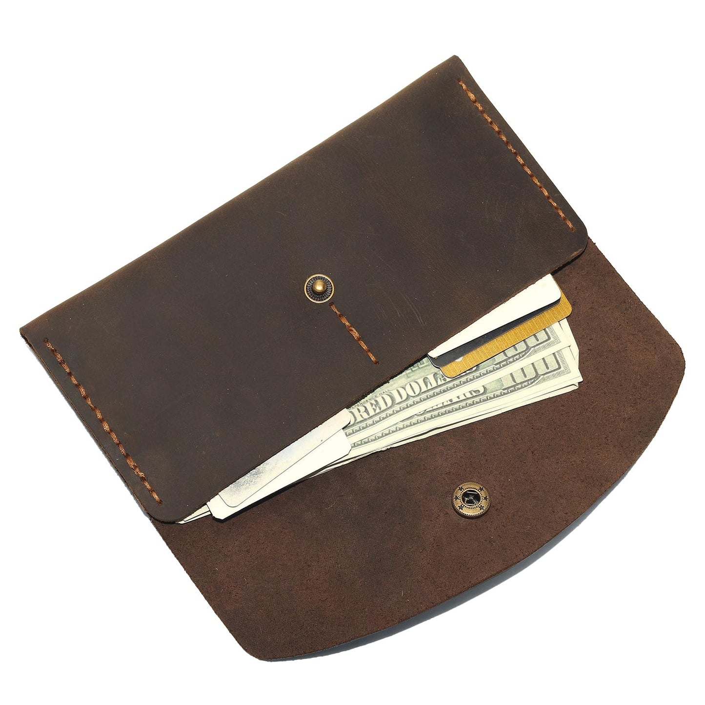 Handmade Crazy Horse Genuine Leather Envelope Wallet, Card Holder with 2 Card Slots Vintage Slim Hand-Stitched Wallet