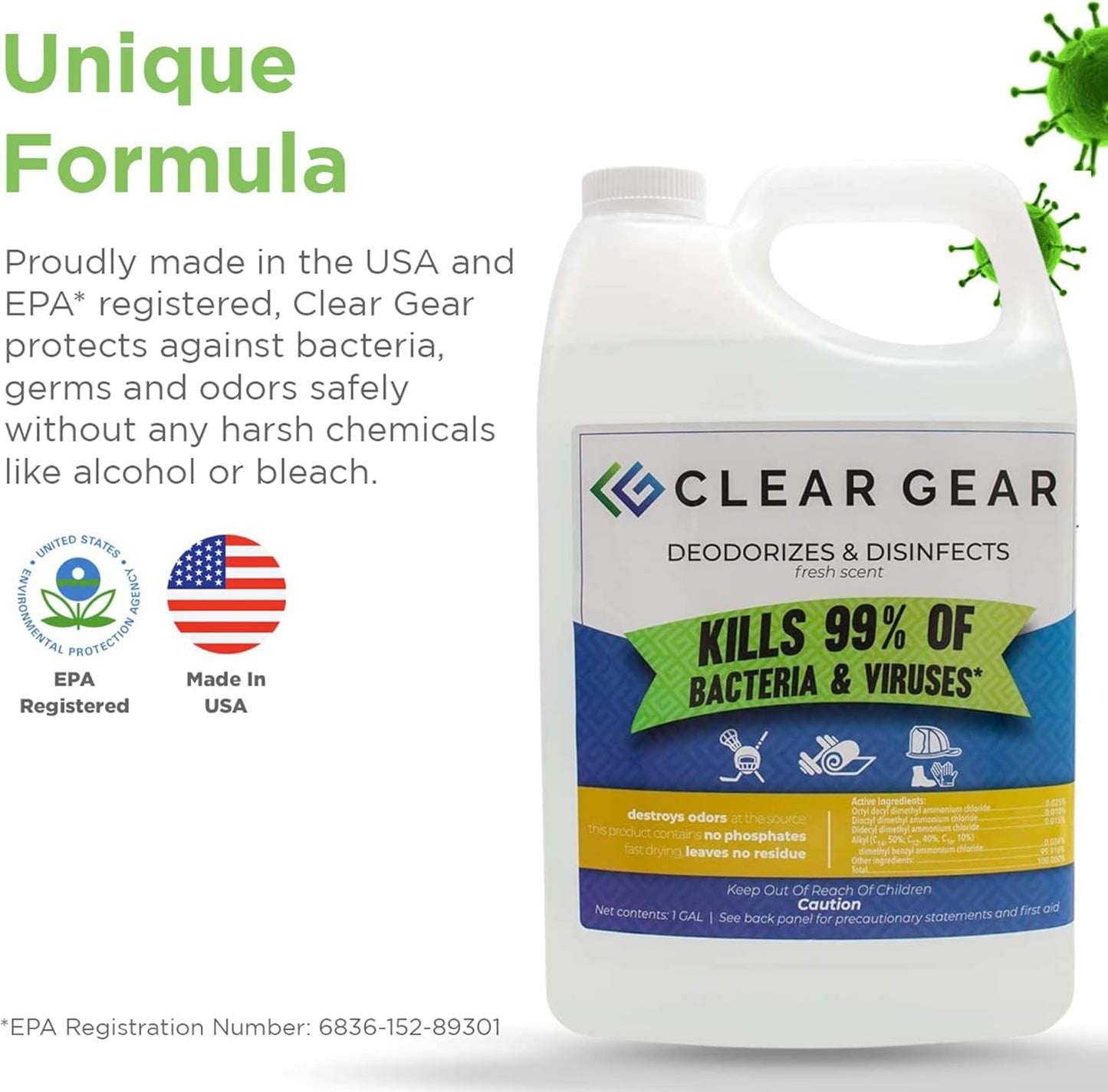 Clear Gear - Disinfectant, Cleaner, and Deodorizer for Sports Equipment, Gyms, and Fitness Centers - EPA-Registered, Hospital Grade, Made in USA - 1 Gallon Bottle