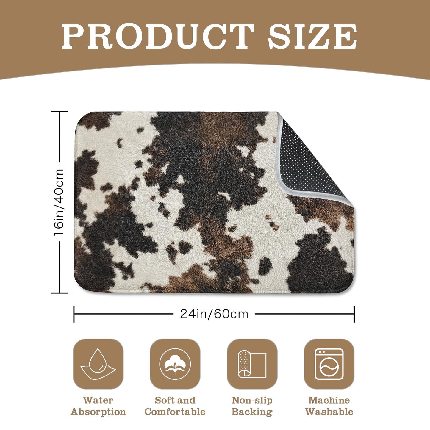 Ulord Brown and White Western Cowhide Bathroom Rugs 24"x16" Water Absorbent Soft Non-Slip Bath Mat Machine Washable Mats for Showers Laundry Rooms Indoor Doors Decor