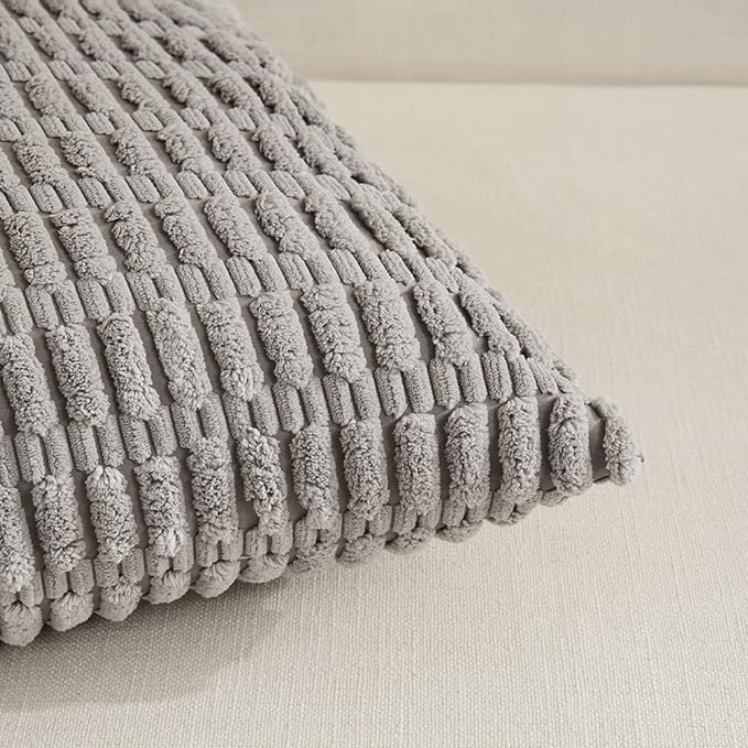 Fancy Homi Gray Farmhouse Decorative Throw Pillow Covers 20x20 Inch for Living Room Couch Bed Sofa, Rustic Boho Home Decor, Soft Striped Corduroy Square Cushion Case 50x50 cm