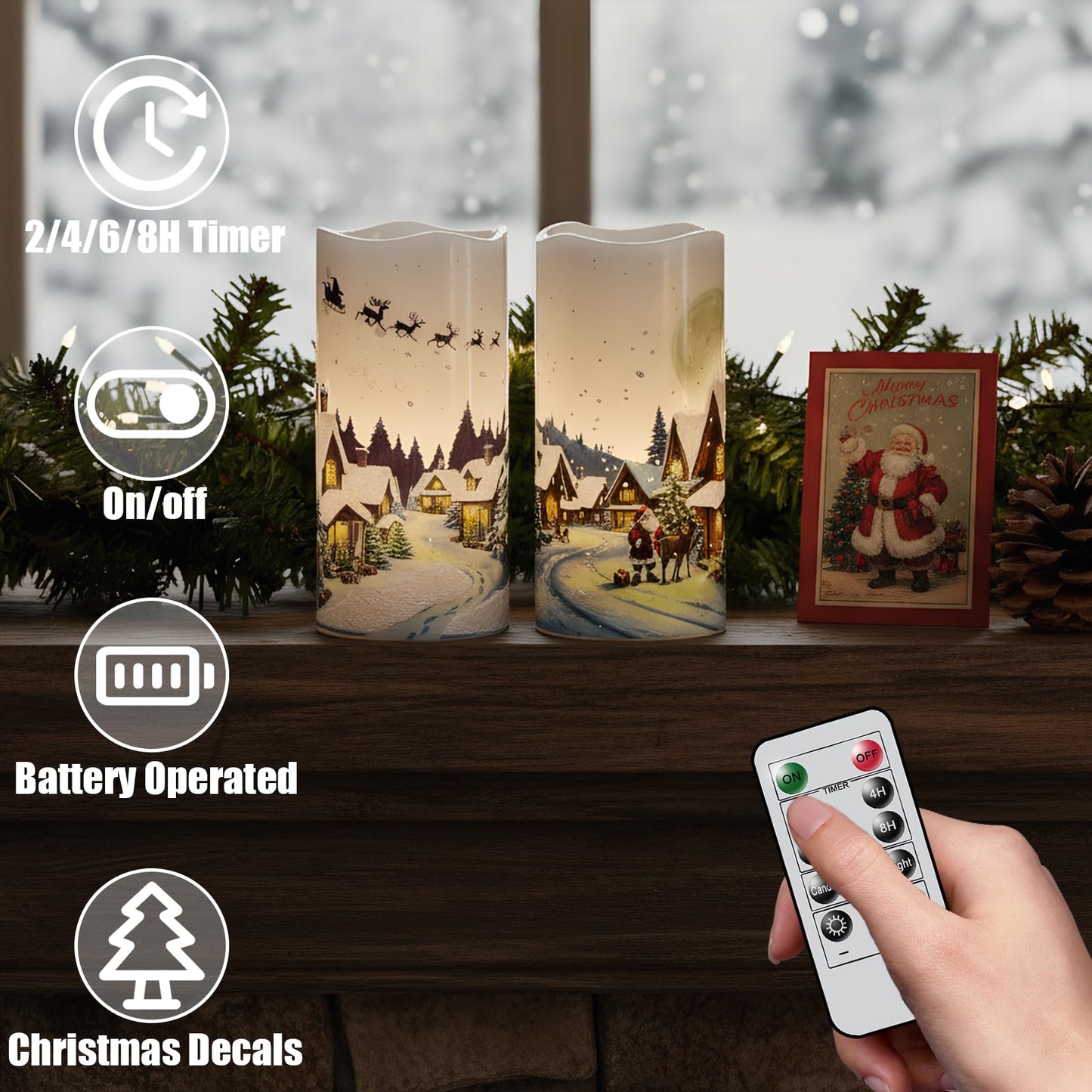 GenSwin Christmas Flameless Candles with Remote Timer, Set of 2 Christmas LED Battery Operated Pillar Candles with Snow House, Santa, Reindeer Decals for Holiday Winter Party Home Decor(D3” x H6”)