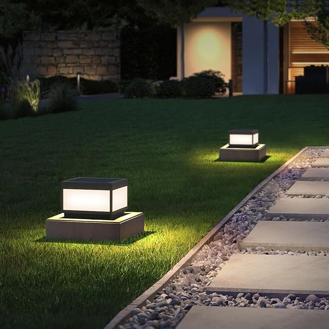 Outdoor Landscape Post Light, Modern 2-in-1 Solar and High Voltage Wired Waterproof Luxury Fence Deck Pillar Cap Patio Garden Decoration Lantern Column Lamp with 4 Different Lighting Color