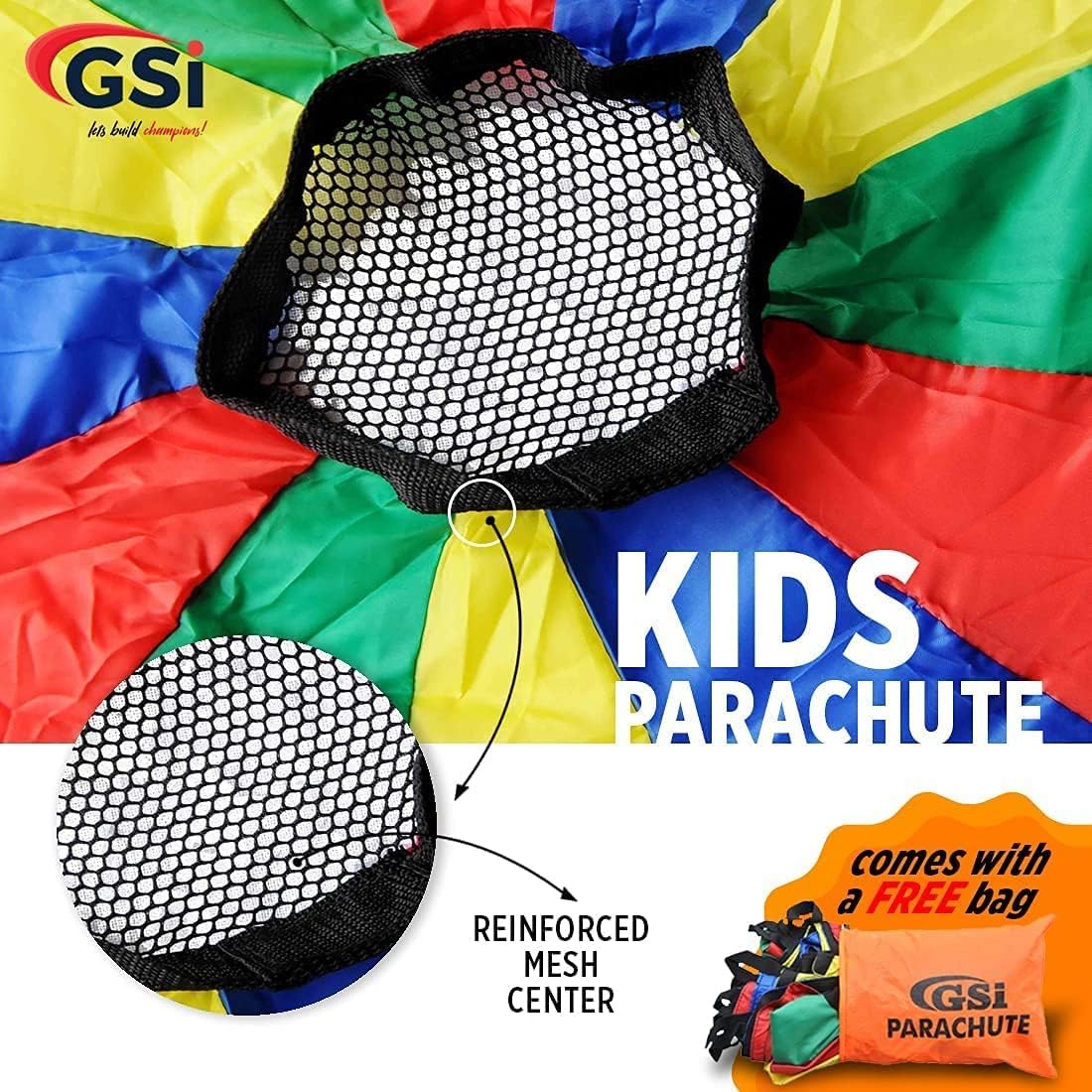GSi Kids Play Parachute Rainbow Parachute Toy Tent Game for Kids Gymnastics Cooperative Play and Outdoor Playground Activities (6 Feet)