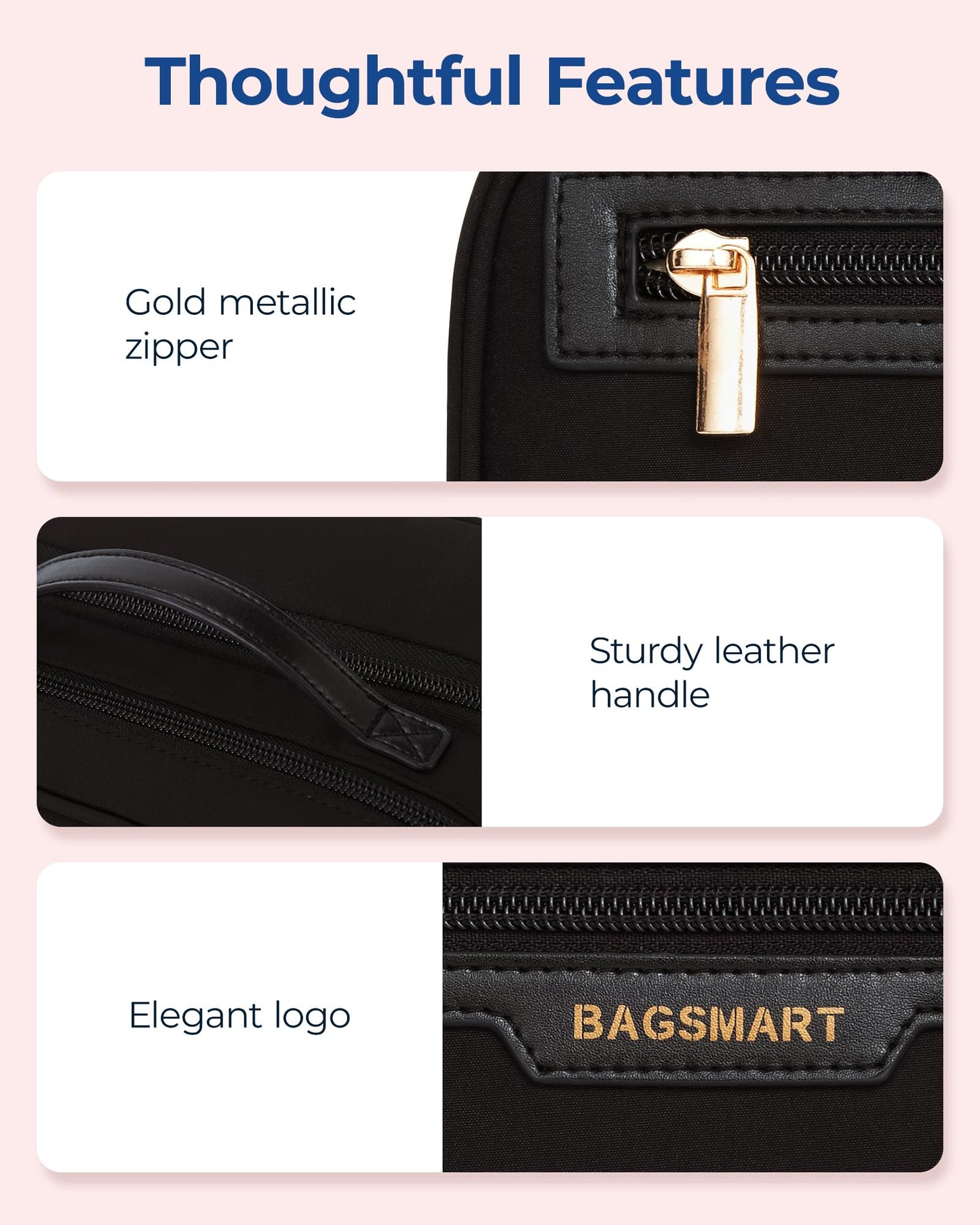 BAGSMART Travel Makeup Bag, Make Up Bag with Multiple Compartments for Organizer, Durable & Compact Cosmetic Organizer for Women for Travel Accessories (Black