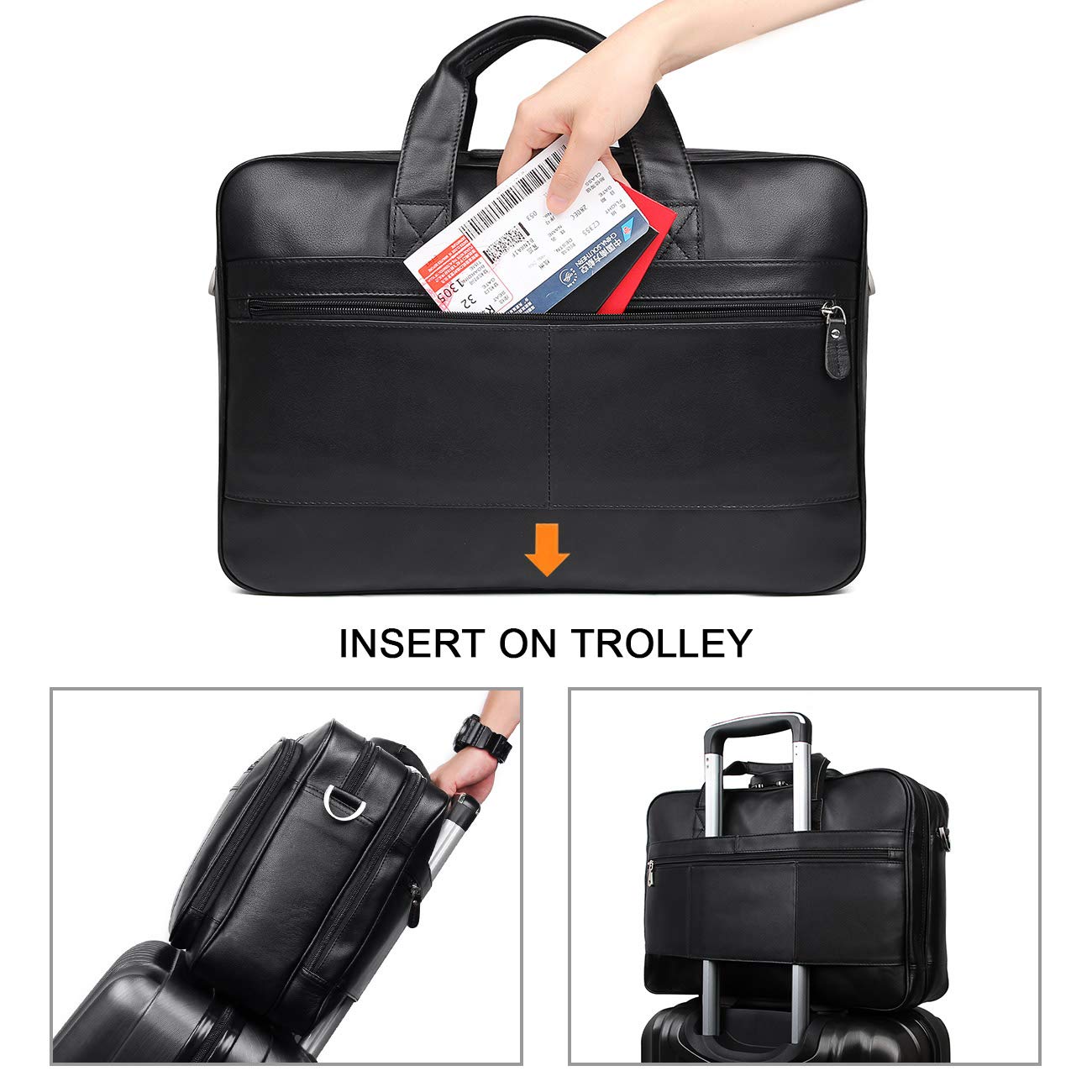 Augus Mens Leather Briefcase Messenger Bag Waterproof Travel Business Duffle Bags for Men 17 Inch Laptop Bag Black YKK Zipper