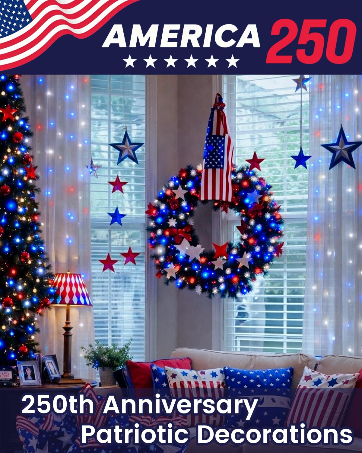 4 Pack 20FT 60LED Red White and Blue Battery Operated Fairy Lights with Timer, 4th of July Battery String Lights Waterproof Outdoor Indoor, Battery Twinkle Lights Independence Day Memorial Day Decor