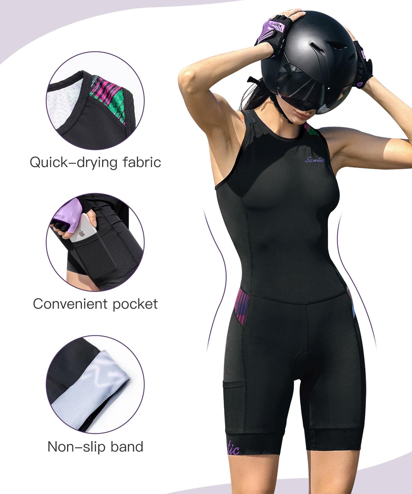 Santic Women's Triathlon Suit Tri-Suit with Padded One-Piece Sleeveless Swimsuit Quick-Dry Back Zipper （Black-Purple,M）