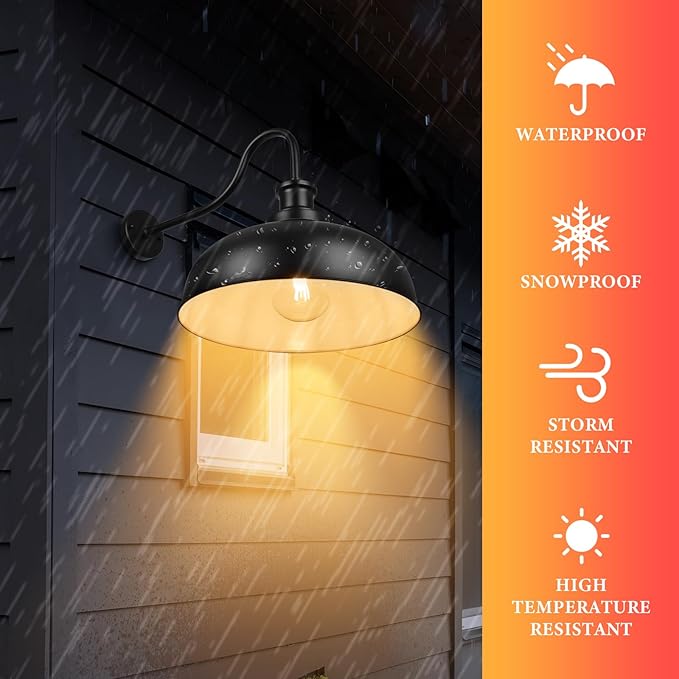 Outdoor Gooseneck Barn Light,16 Inch Dome Outdoor Wall Sconce Farmhouse Exterior Wall Mount Light Vintage Wall Lighting Fixture Industrial Black Wall Lantern for Porch, Entryway, Garage, 3 Pack
