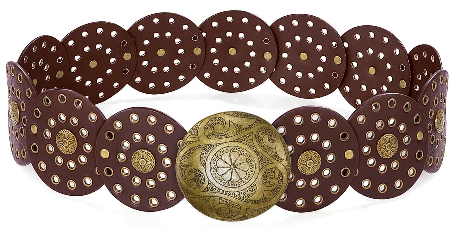 HIQUACC Wide Disc Belt for Women Vintage Leather Hollow Out Round Belt Western Waist Belt (Copper Brown S)