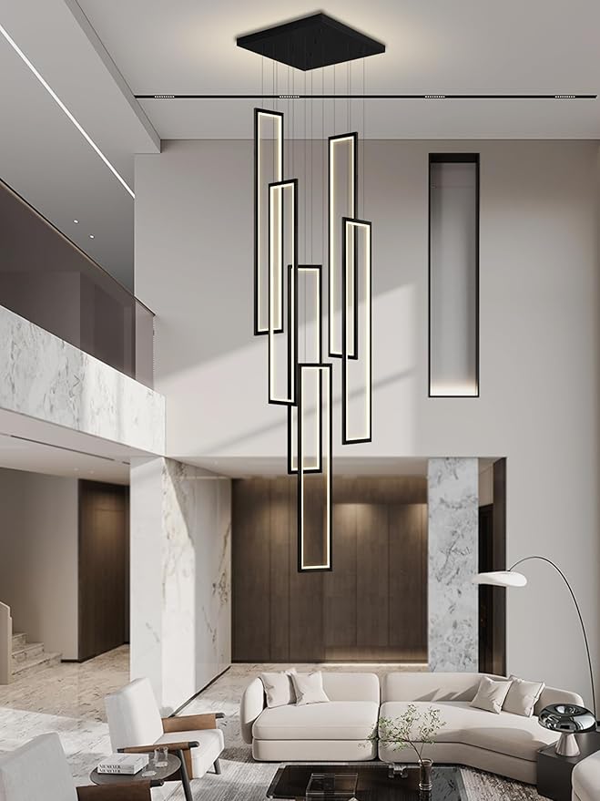 Flashing God Modern Chandelier,Black Chandeliers with 6 Ring Led Foyer Chandelier,Larger High Ceiling Chandeliers for Living Room,Rectangle Chandelier for Entryway Staircase LED Dimming 2700k-6001k