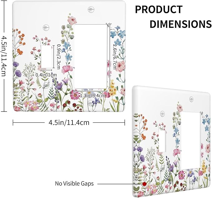 Rustic Wild Floral Vintage Watercolor Flower 2 Gang Combination Light Switch Cover Decorative Toggle Rocker/Decora Wall Plate Electrical Faceplate for Bathroom Kitchen Home Decor