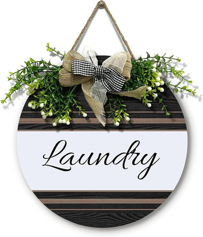 Laundry Door Sign Laundry Room Wood Hanging Signs for Front Door With Wreath And Bow Farmhouse Rustic Vintage Round Plaque for Washer And Dryer Room Wall House Decoration 12 Inch