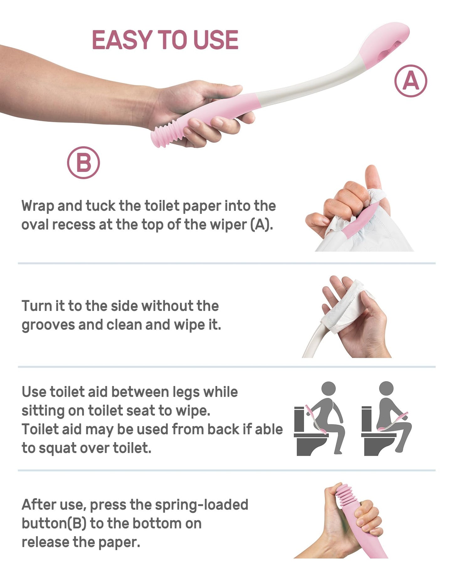 Hovluz Butt Wiper Tool, 15.7" Comfort Wipe Toilet Aid for Wiping Bottom, Bottom Buddy Wiping Aid for Disabled, Elderly, Overweight, Pregnant People, Easy to Use Bottom Buddy Wiping Assist Tool Pink
