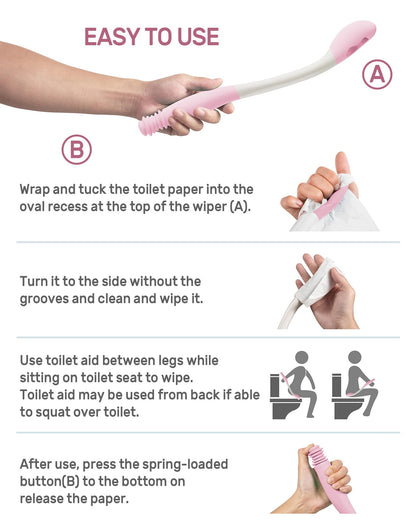 Hovluz Butt Wiper Tool, 15.7" Comfort Wipe Toilet Aid for Wiping Bottom, Bottom Buddy Wiping Aid for Disabled, Elderly, Overweight, Pregnant People, Easy to Use Bottom Buddy Wiping Assist Tool Pink