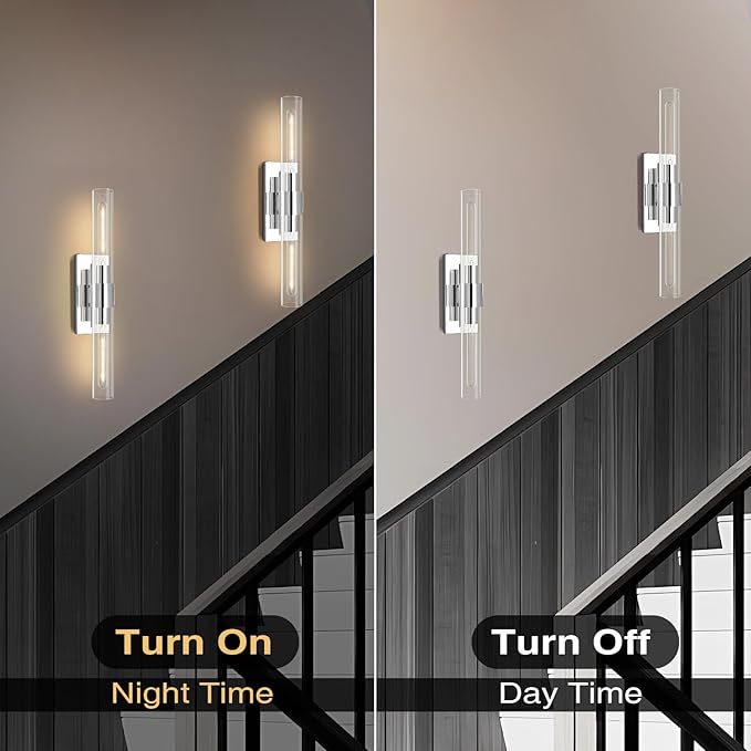 Chrome Wall Sconces Set of 2, 22.8" Bathroom Sconces, Indoor Sconces Lighting with Glass, Nickel Vanity Lights with Tube, Dimmable Bedroom Bedside Wall Light for Dressing Table Staircase