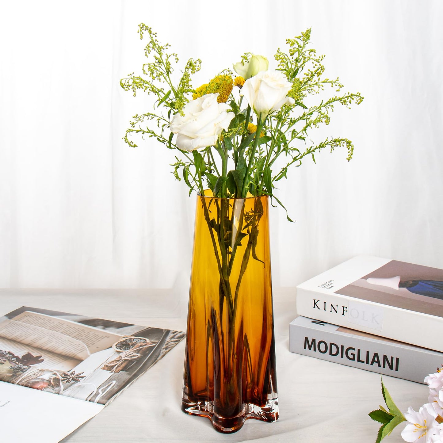 Thickened Amber Vase Star Shape Flower Vase 9" Tall Vases for Bouquet Glass Vases for Flowers Unique Vase for Home Décor Living Room Countertop Wedding Table Centerpieces