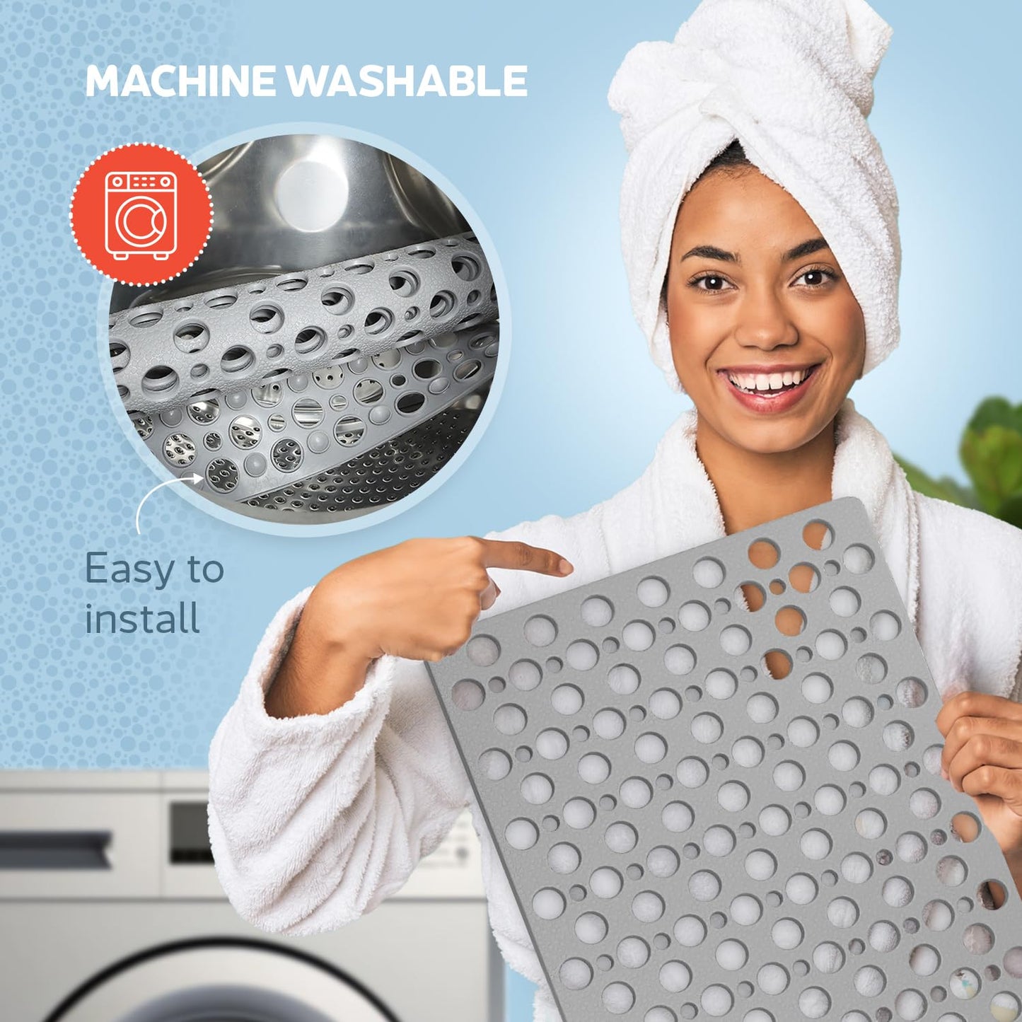 TEMIR Non Slip Bathtub Mat for Shower — Anti Skid Safety Mat with Strong Suction Cups, Quick Drain Holes, Machine Washable, Soft Bathroom Mat for Elderly & Kids, 30x17 in (75x43 cm) Gray