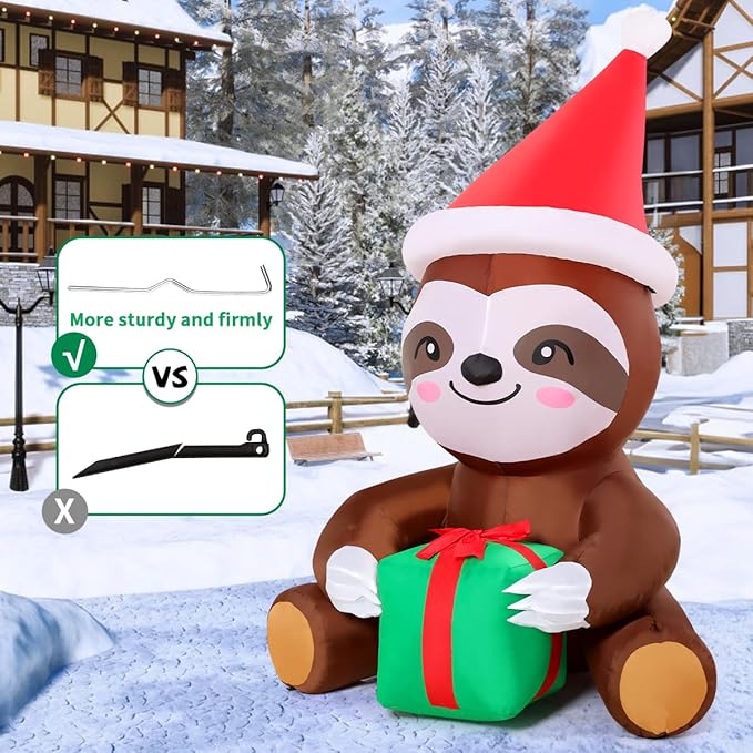 COMIN 5.9 FT Christmas Inflatables Outdoor Decorations Inflatable Sloth Holding Present Box Blow ups with Built-in LEDs for Yard Party Lawn Decor