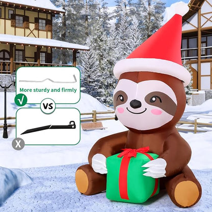 COMIN 5.9 FT Christmas Inflatables Outdoor Decorations Inflatable Sloth Holding Present Box Blow ups with Built-in LEDs for Yard Party Lawn Decor