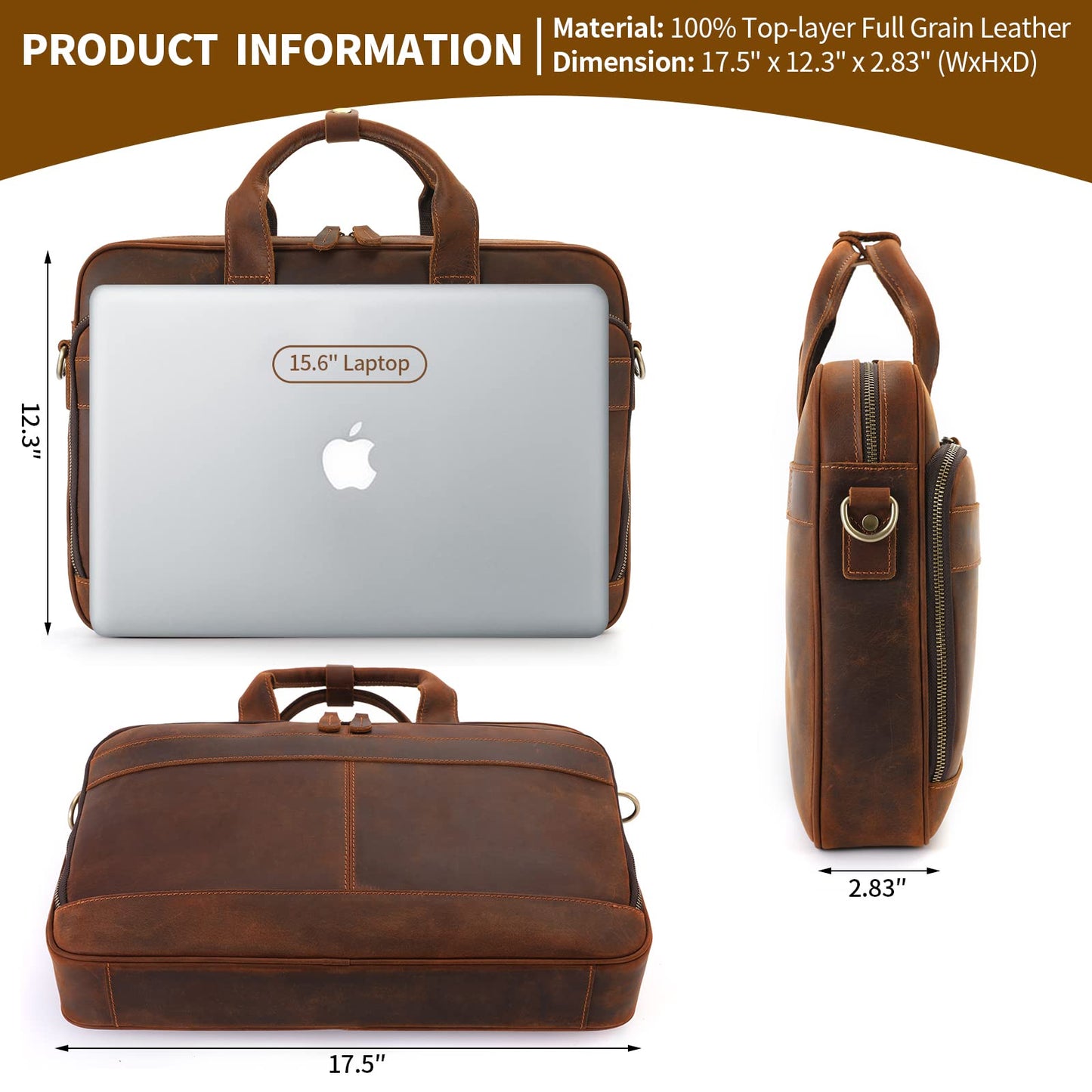 Jack&Chris Full Grain Leather Briefcase for Men,Business Messenger Bag Laptop Bag Attache Case 15.6",MB005-9L…