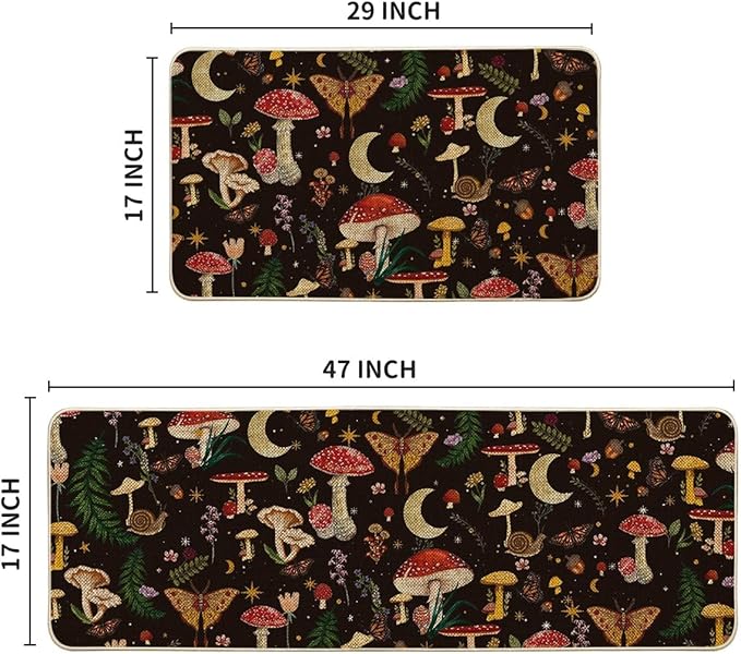 Artoid Mode Black Mushrooms Butterfly Spring Kitchen Mats Set of 2, Home Decor Low-Profile Kitchen Rugs for Floor - 17x29 and 17x47 Inch