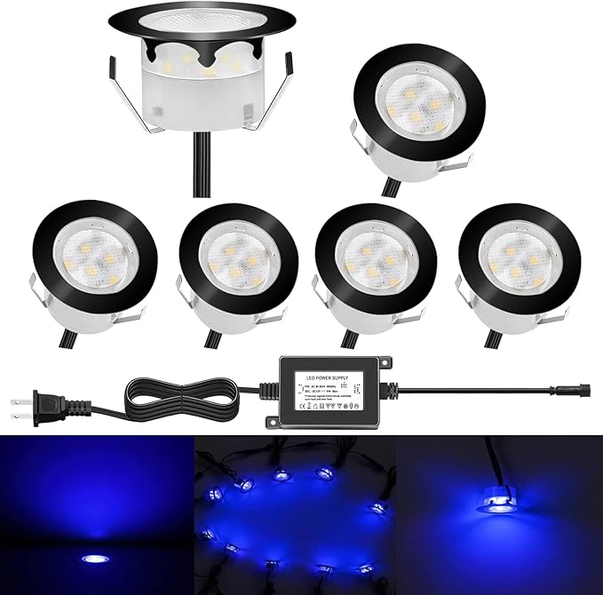 Low Voltage LED Deck Lighting Kit Stainless Steel 1W Waterproof Outdoor Yard Garden Decoration Lamps Landscape Pathway Patio Step Stairs LED In-ground Lights Black Border(6pcs,Blue)
