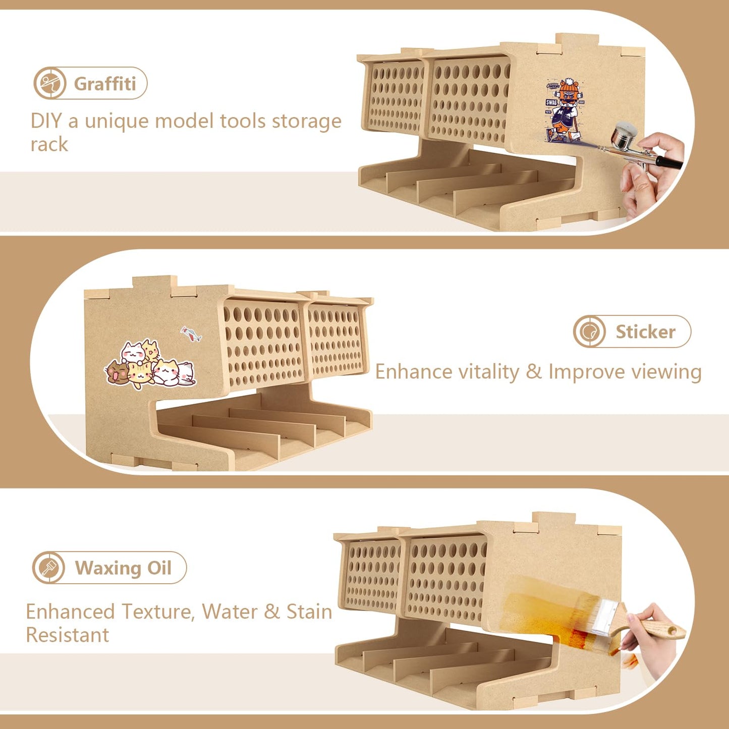 Bucasso Wooden Model Kit Tool Storage Rack with 100 Holes, Brush/Paint Organizer with MDF Material, Craft Supplies Storage, Brush/Tool Holder, Suitable for Tamiya/Gundam Tools, GK6