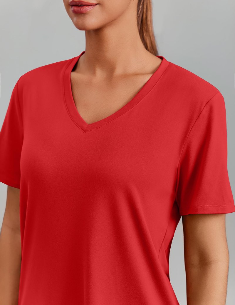PINSPARK Gym Shirts for Women Short Sleeve V Neck Workout Tops Moisture Wicking Athletic T-Shirts Quick Dry Fitness Exercise,Red XX-Large