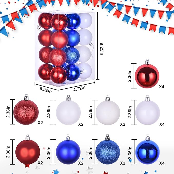30ct Halloween Ball Ornaments, Shatterproof Halloween Tree Decorations, Perfect Hanging Ball for Indoor/Outdoor Holiday Party Decor (Red, Blue & White, 2.36'')