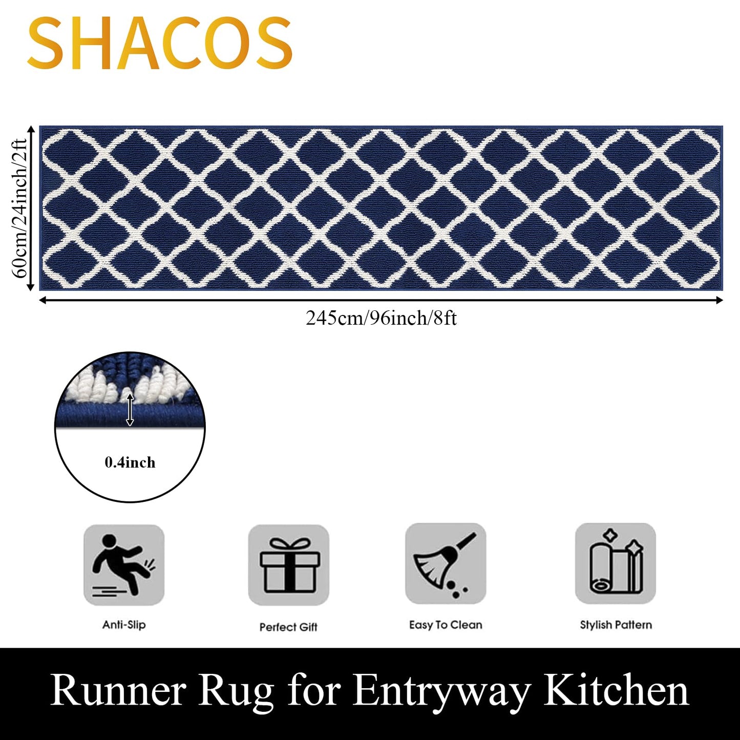 SHACOS Washable Kitchen Runner Rug 2x8 ft Long Rug Runner Non Slip Hallway Runner Rug Dirt Trapper Entryway Runner Indoor Floor Mat Carpet Runners, Navy Blue
