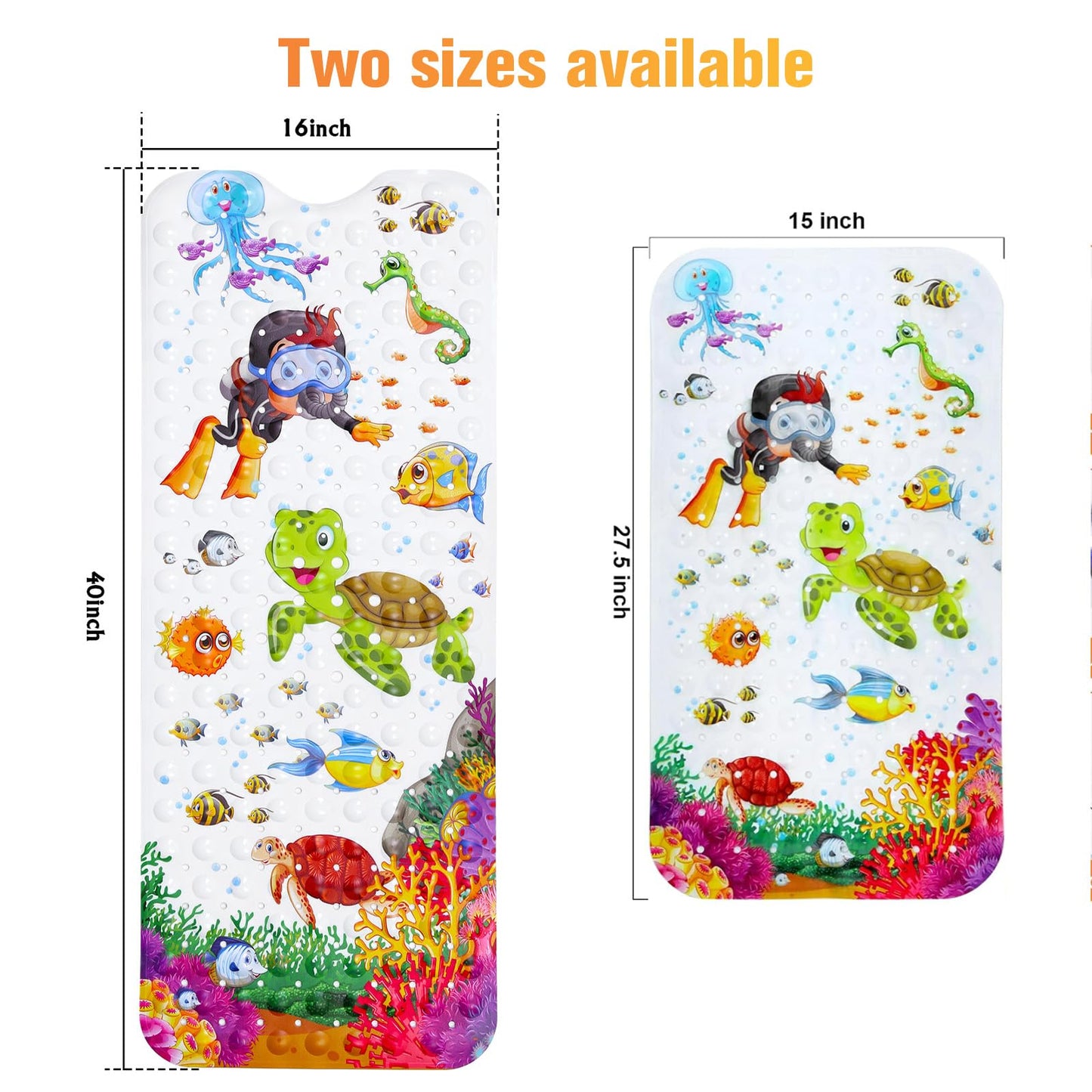 Bath Mat for Tub Non Slip, Machine Washable Anti Slip Cartoon Baby Bathtub Shower Mat with Drain Holes and Suction Cups for Toddler & Kids, 40 Inch x 16 Inch-Rectangular, Turtle