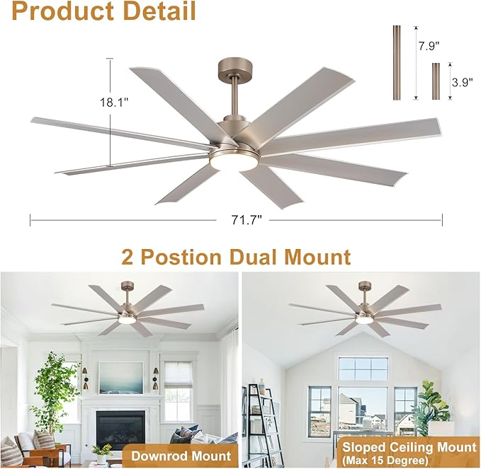 Depuley 72" Large Ceiling Fans with Light and Remote, DC Motor Ceiling Fans with Quiet Reversible Noiseless for Patios Living Room Farmhouse Garage Shop Factory Living Room, Nickel